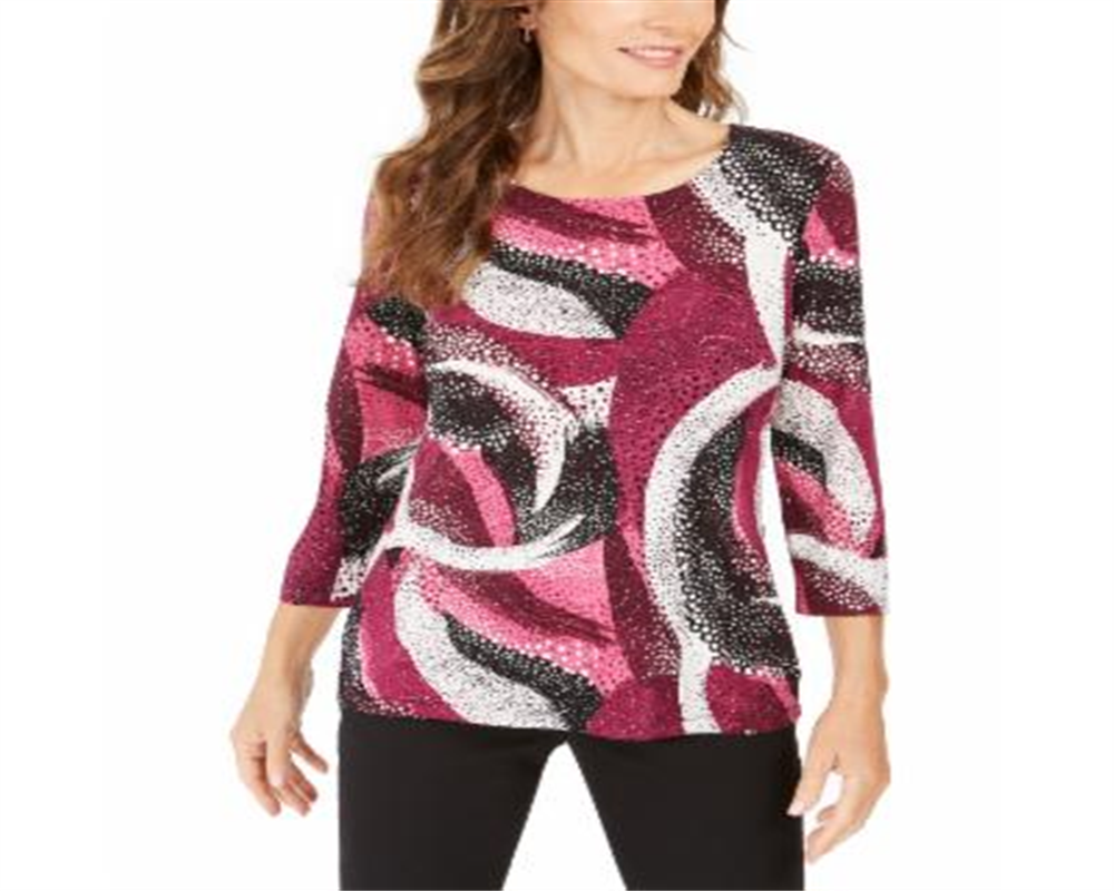 JM Collection Blusa feminina com estampa de bolinhas brilhantes em jacquard rosa, vários tamanhos, pequena P