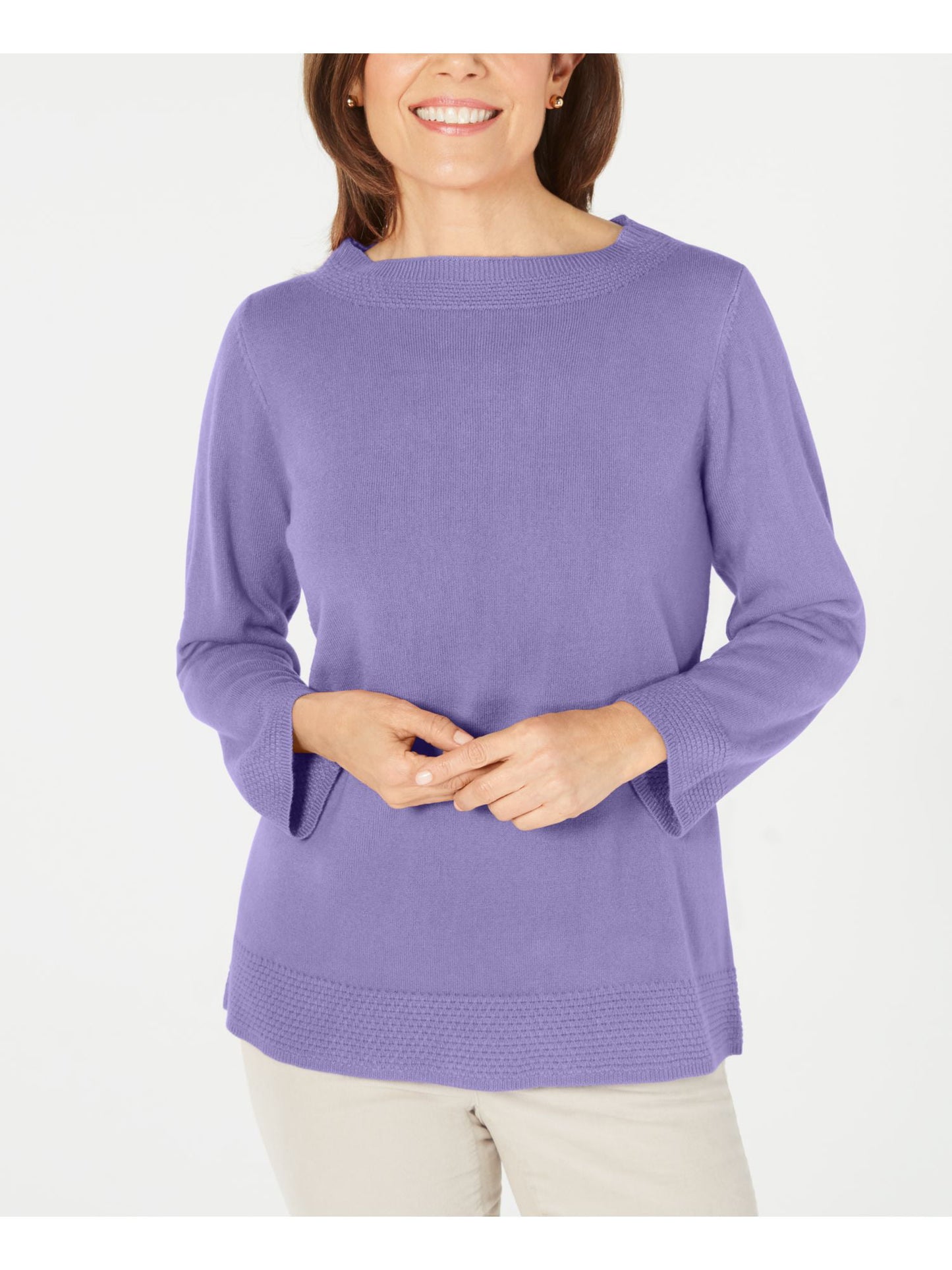 Blusa feminina Karen Scott com estampa canelada, manga comprida, gola redonda, tamanho roxo, tamanho pequeno P/M