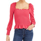Blusa feminina Bar III com decote quadrado e franzido, vermelha, tamanho X-S