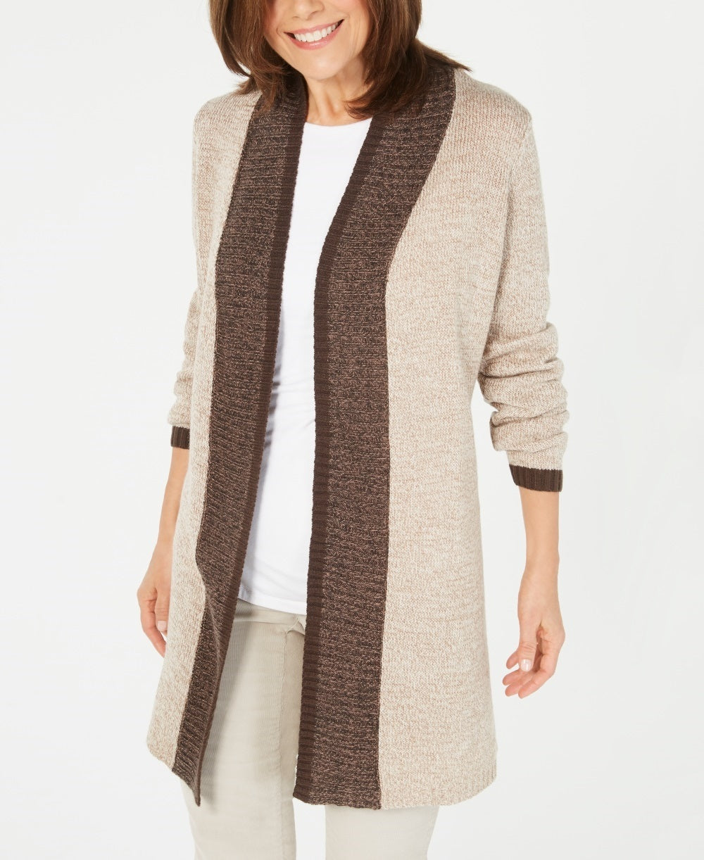 Karen Scott Cardigan Feminino com Acabamento Contrastado e Frente Aberta Marrom Tamanho Grande