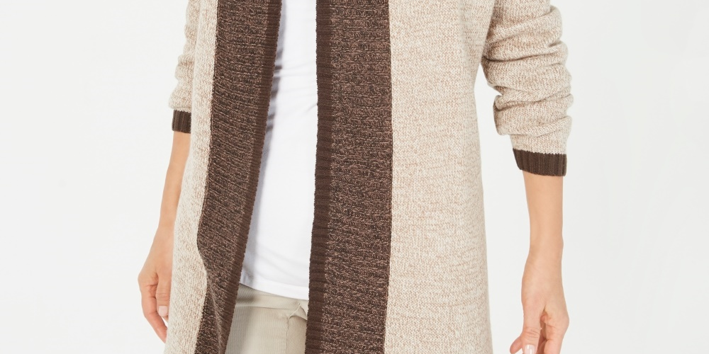 Karen Scott Cardigan Feminino com Acabamento Contrastado e Frente Aberta Marrom Tamanho Grande