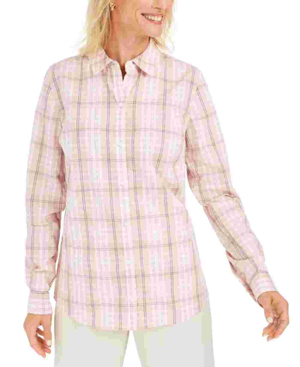 Charter Club Blusa feminina com estampa de janela xadrez e gola alta, rosa, tamanho pequeno e pequeno