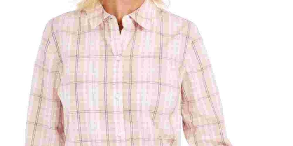 Charter Club Blusa feminina com estampa de janela xadrez e gola alta, rosa, tamanho pequeno e pequeno
