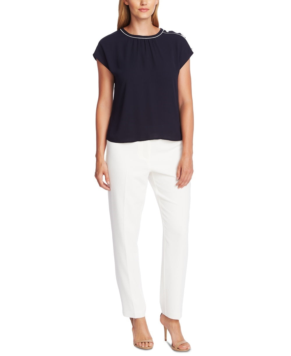 Vince Camuto Blusa feminina com botões e ombro a ombro, azul, tamanho médio