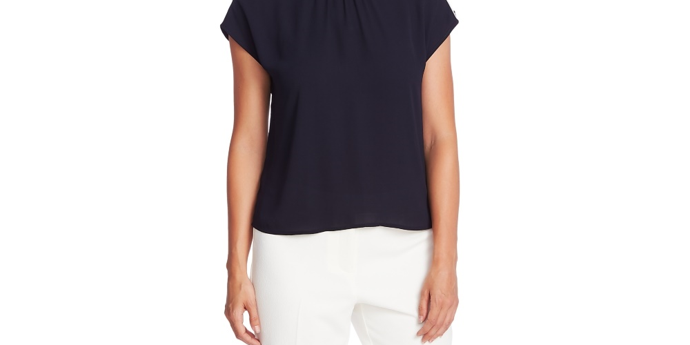 Vince Camuto Blusa feminina com botões e ombro a ombro, azul, tamanho médio