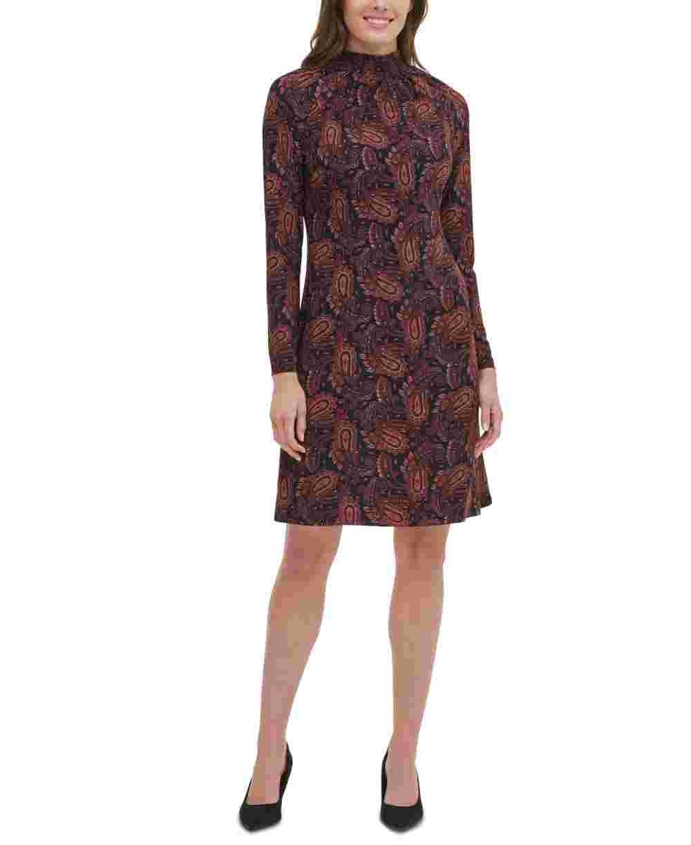 Vestido de festa feminino Tommy Hilfiger com babados e estampa paisley, manga comprida, acima do joelho, preto, tamanho 2