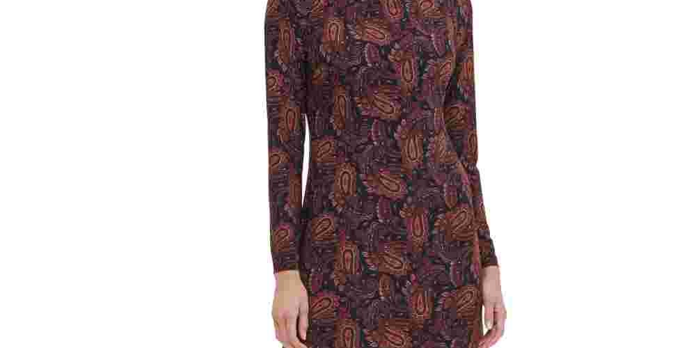 Vestido de festa feminino Tommy Hilfiger com babados e estampa paisley, manga comprida, acima do joelho, preto, tamanho 2
