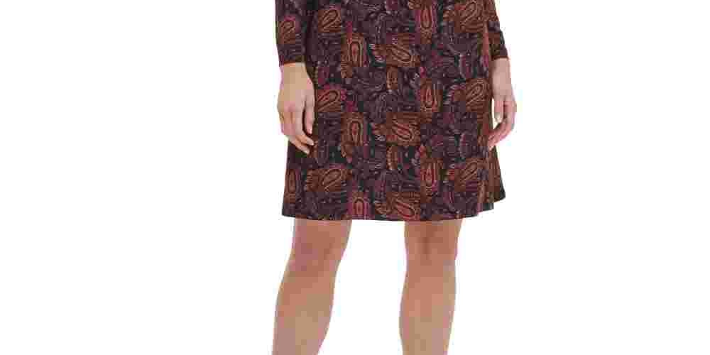 Vestido de festa feminino Tommy Hilfiger com babados e estampa paisley, manga comprida, acima do joelho, preto, tamanho 2