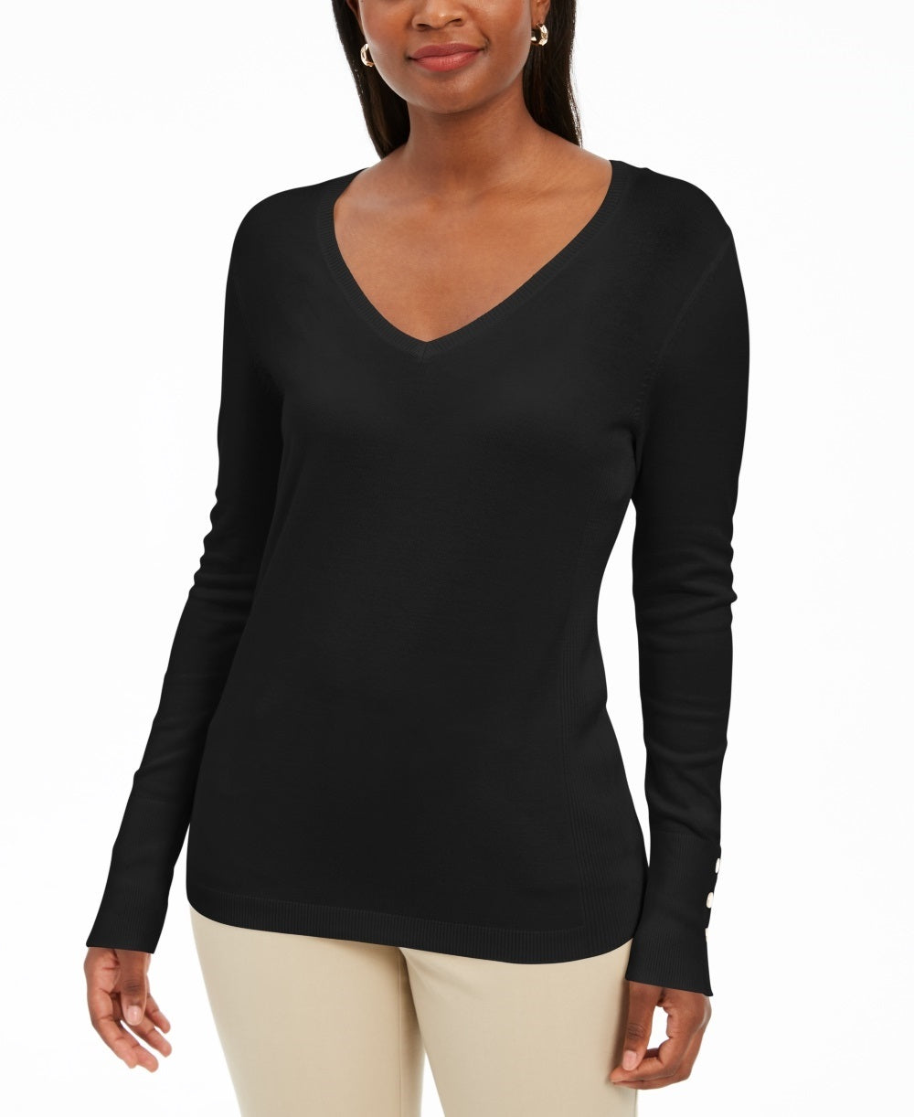 Suéter feminino JM Collection com punho de botão e decote em V, preto, tamanho X-S
