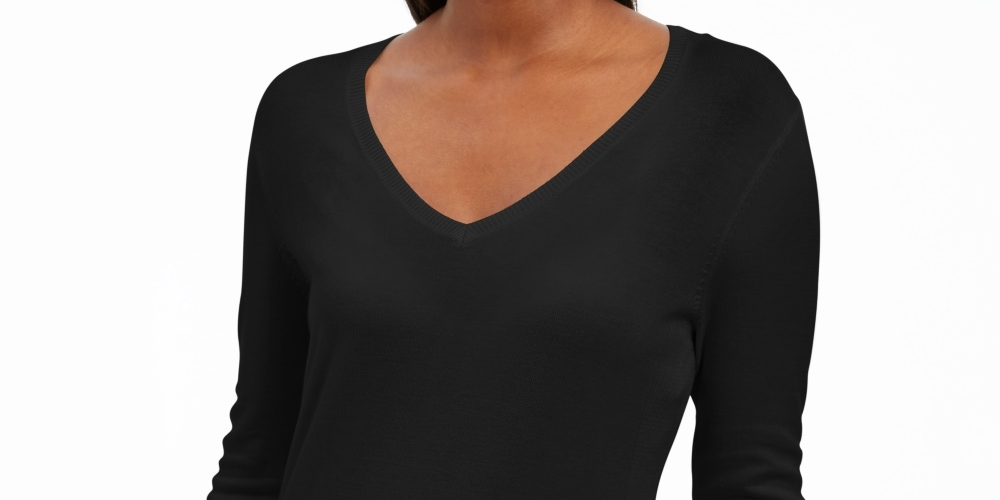 Suéter feminino JM Collection com punho de botão e decote em V, preto, tamanho X-S