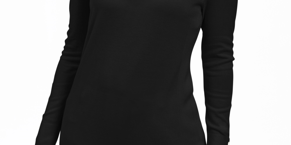 Suéter feminino JM Collection com punho de botão e decote em V, preto, tamanho X-S