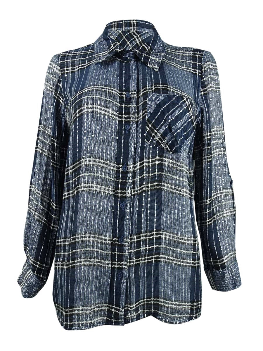 Camisa xadrez feminina Style &amp; Co, azul brilhante, tamanho pequeno M