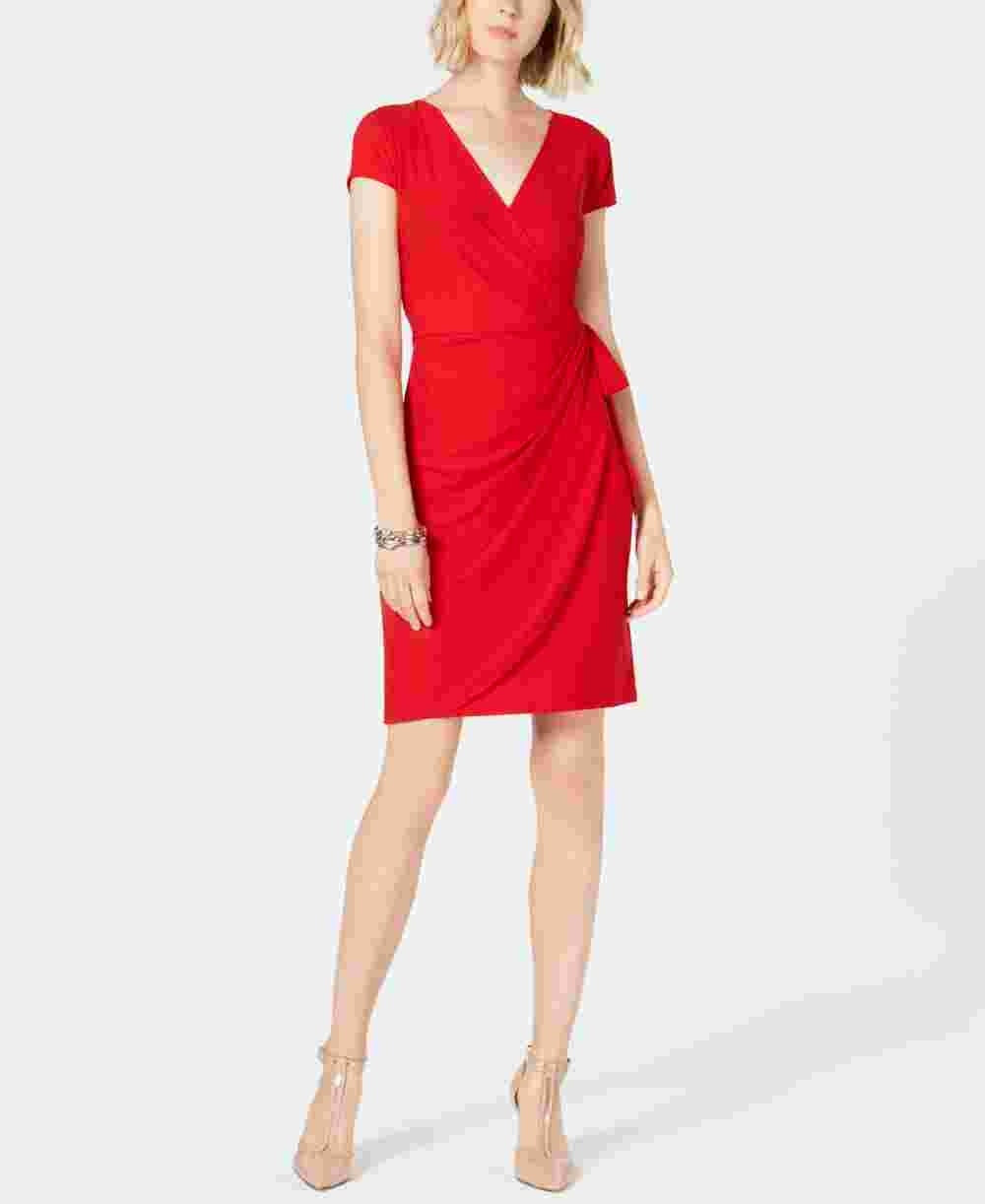 Vestido de coquetel feminino INC International Concepts com manga curta e envoltório falso, vermelho, tamanho médio