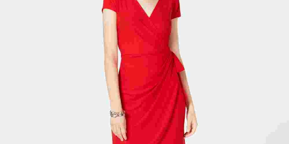 Vestido de coquetel feminino INC International Concepts com manga curta e envoltório falso, vermelho, tamanho médio