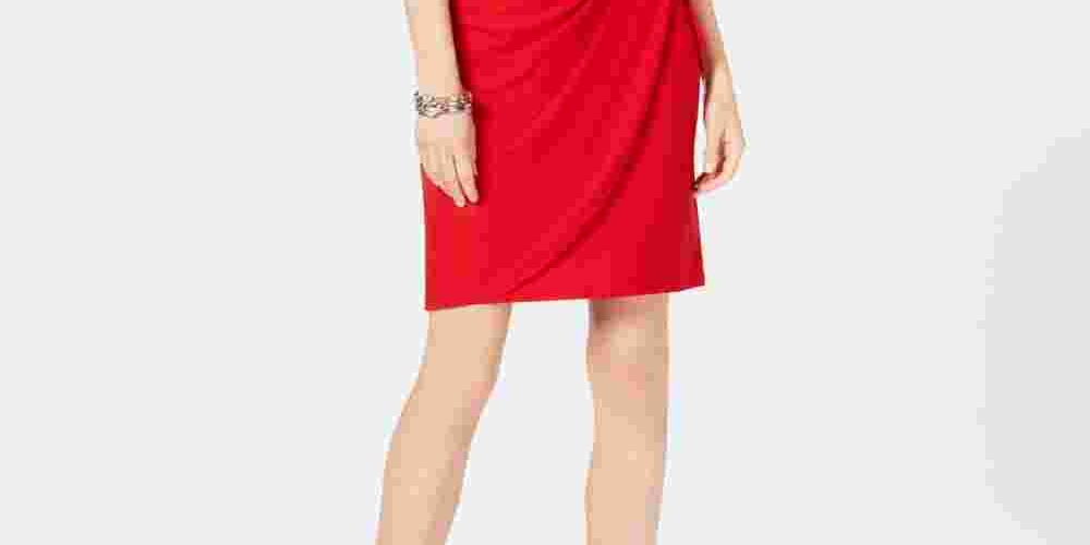 Vestido de coquetel feminino INC International Concepts com manga curta e envoltório falso, vermelho, tamanho médio