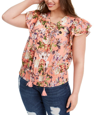 Blusa feminina de algodão com cadarço e babados INC International Concepts, laranja, tamanho 3X