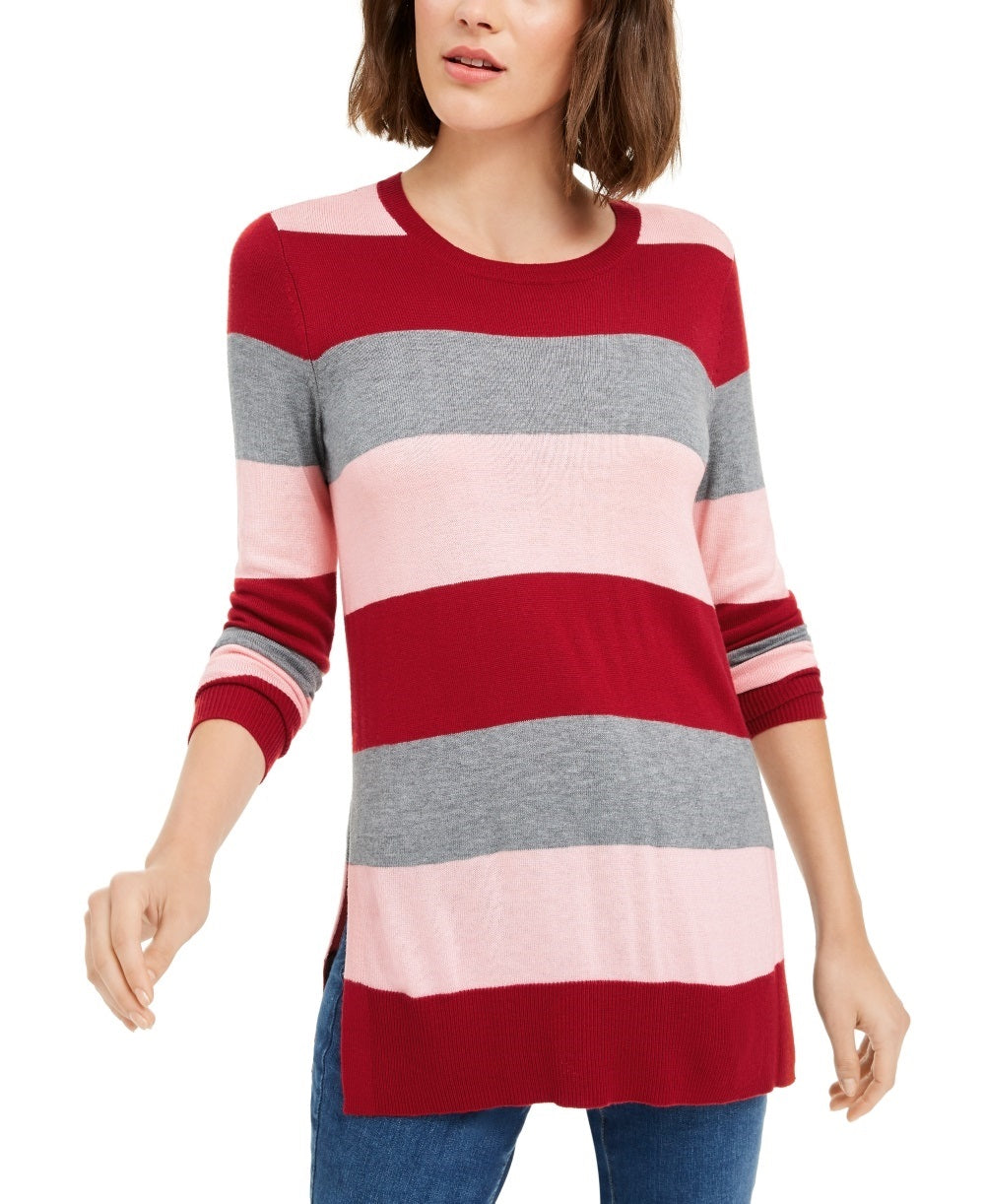 Camiseta feminina Maison Jules com estampa de blocos de cores, manga comprida, gola redonda, vermelha, tamanho médio