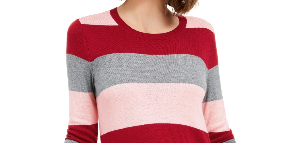 Camiseta feminina Maison Jules com estampa de blocos de cores, manga comprida, gola redonda, vermelha, tamanho médio
