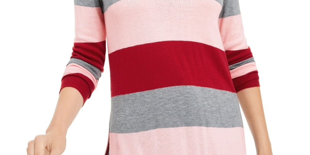 Camiseta feminina Maison Jules com estampa de blocos de cores, manga comprida, gola redonda, vermelha, tamanho médio