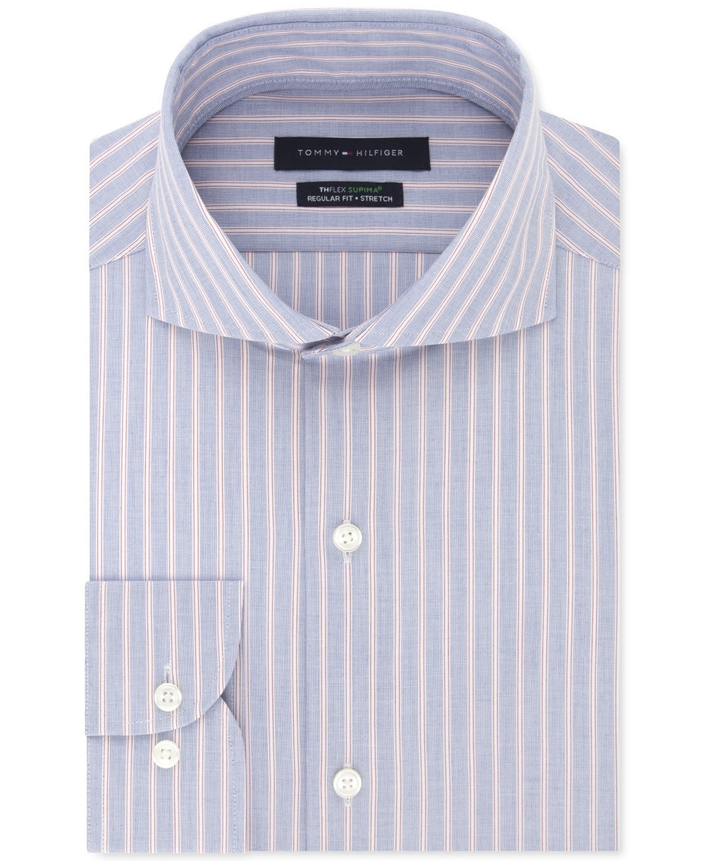 Camisa social listrada Tommy Hilfiger Classic Regular Fit, sem passar a ferro, Thflex Stretch, vermelha, tamanho 15x32x33