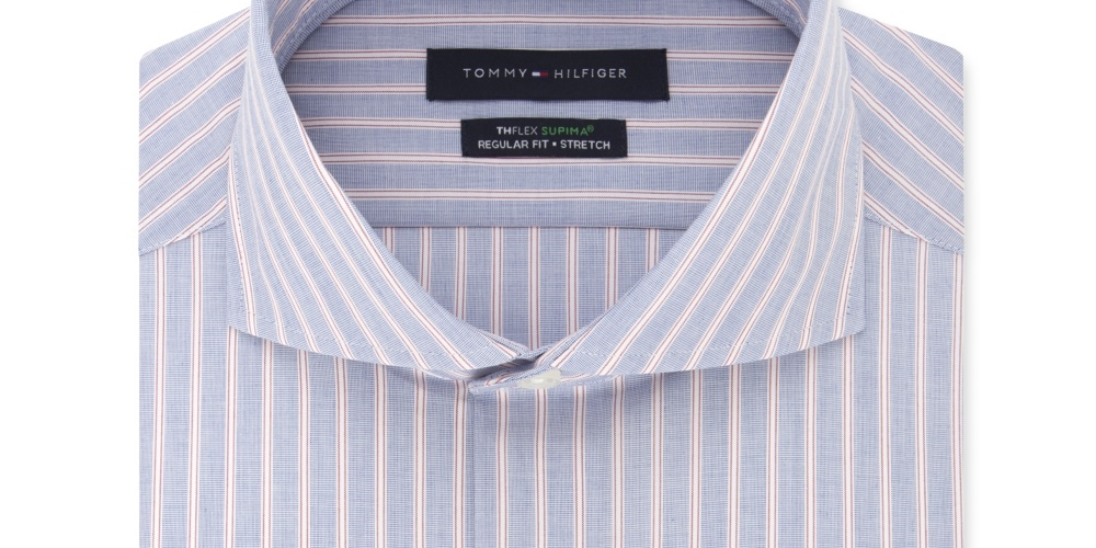 Camisa social listrada Tommy Hilfiger Classic Regular Fit, sem passar a ferro, Thflex Stretch, vermelha, tamanho 15x32x33