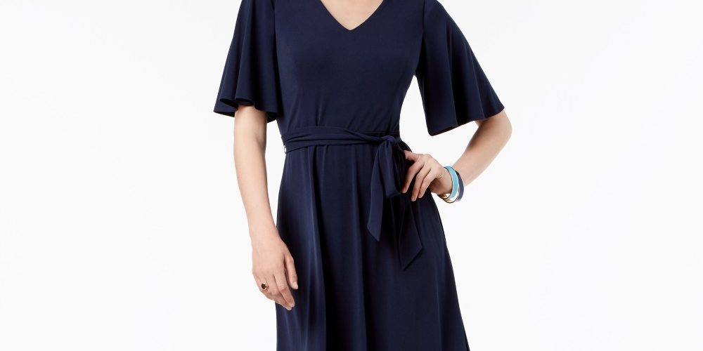 Vestido feminino Charter Club com cinto evasê azul tamanho pequeno pequeno