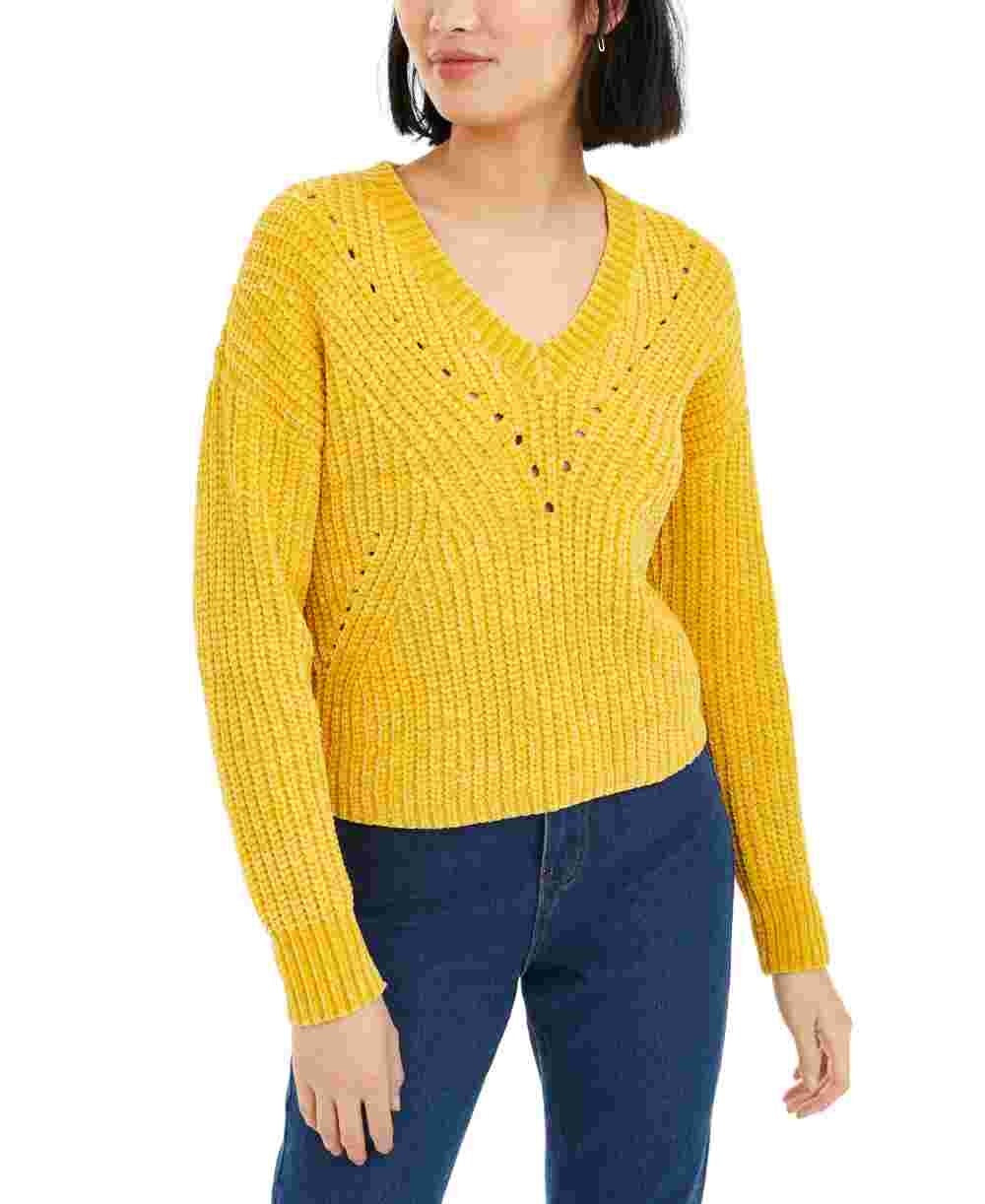 Suéter feminino Bar III de manga comprida com decote em V, amarelo, tamanho pequeno