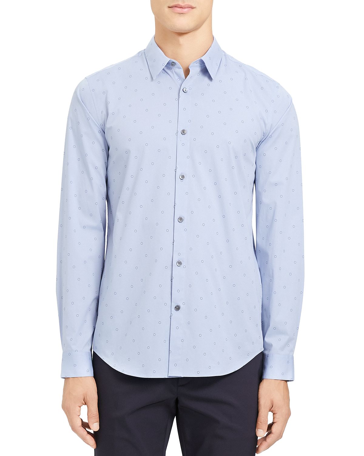 Camisa masculina com estampa de bolinhas e botões, azul, tamanho G