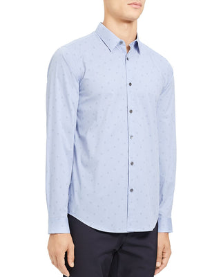 Camisa masculina com estampa de bolinhas e botões, azul, tamanho G