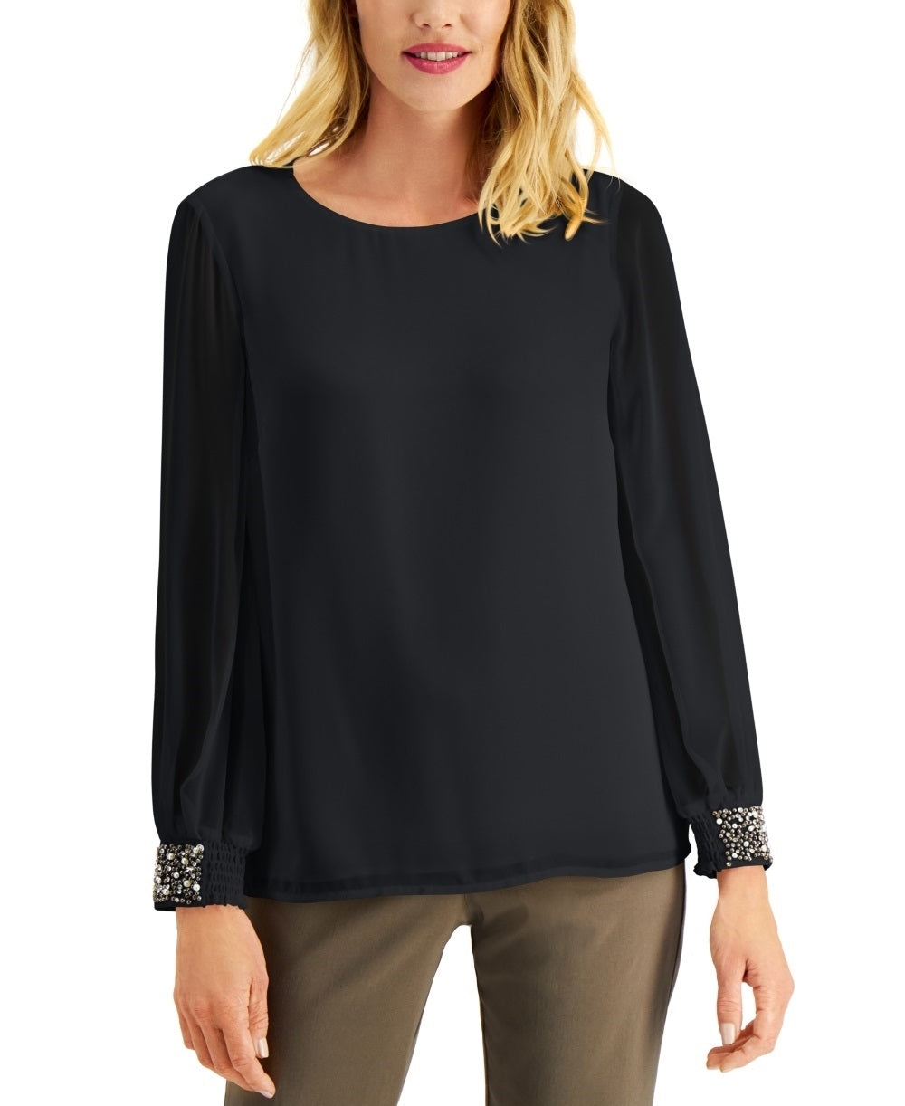 JM Collection Top Feminino com Punhos e Contas Preto Tamanho X-G