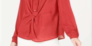 Blusa feminina Alfani com botões frontais e torcidos, tamanho pequeno, vermelha
