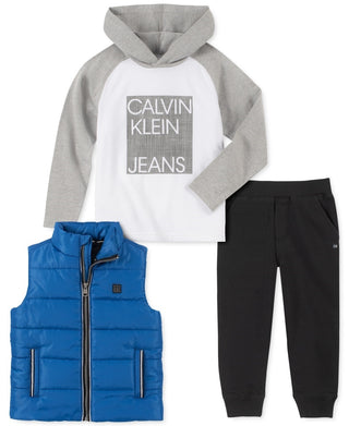 Calvin Klein Infantil Meninos 3 Peças Colete de Nylon com Logotipo Moletom com Capuz e Calça de Lã Cinza Tamanho 6