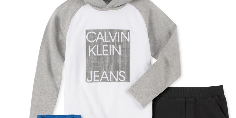 Calvin Klein Infantil Meninos 3 Peças Colete de Nylon com Logotipo Moletom com Capuz e Calça de Lã Cinza Tamanho 6