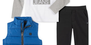Calvin Klein Infantil Meninos 3 Peças Colete de Nylon com Logotipo Moletom com Capuz e Calça de Lã Cinza Tamanho 6