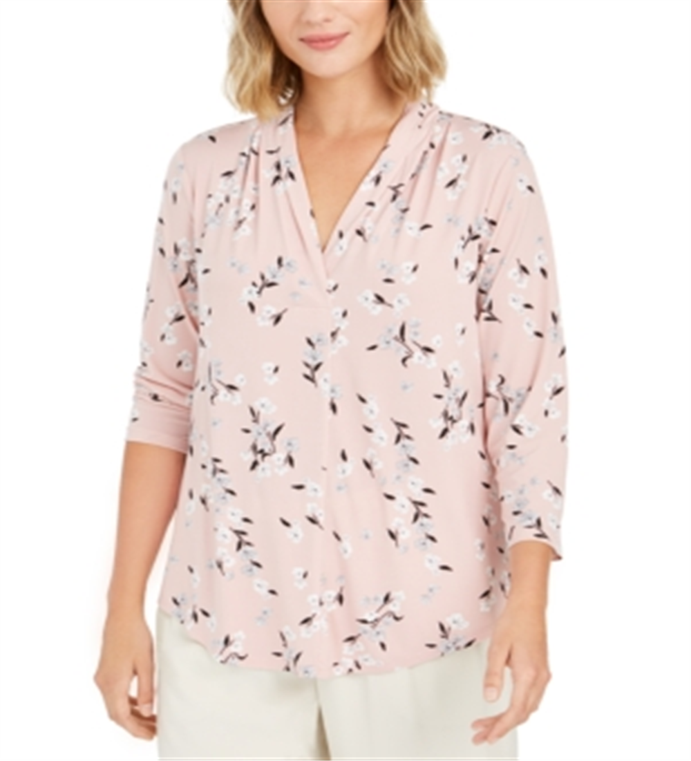 Top feminino com estampa floral e decote em V, rosa, tamanho pequeno e grande