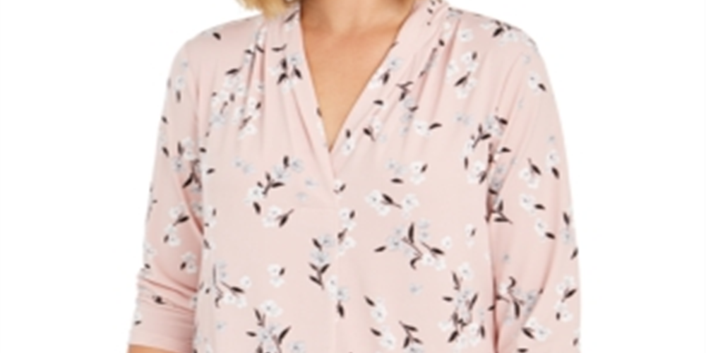Top feminino com estampa floral e decote em V, rosa, tamanho pequeno e grande