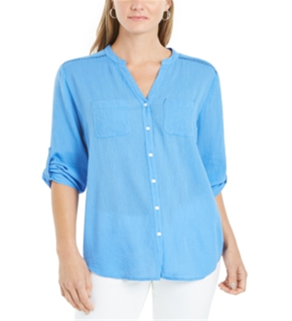 Camisa feminina Charter Club Roll Tab com botões, azul, tamanho extragrande