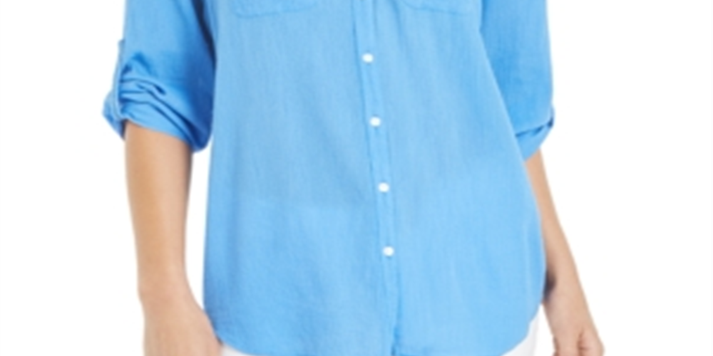 Camisa feminina Charter Club Roll Tab com botões, azul, tamanho extragrande