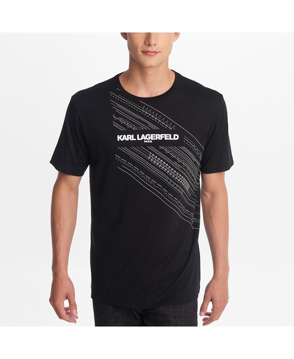 Camiseta masculina Karl Lagerfeld Paris com gola redonda, logotipo estampado e detalhes bordados, tamanho extragrande, branca