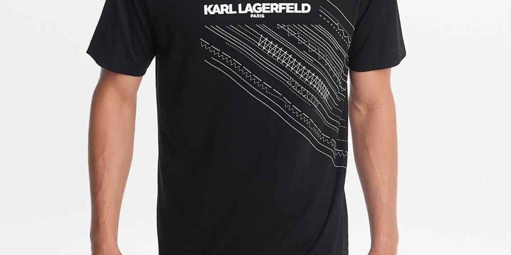 Camiseta masculina Karl Lagerfeld Paris com gola redonda, logotipo estampado e detalhes bordados, tamanho extragrande, branca