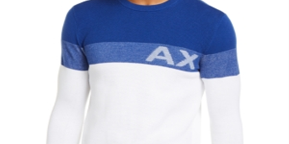 Suéter masculino AX Armani Exchange Regular Fit Colorblocked Stripe Logo Azul Tamanho Grande