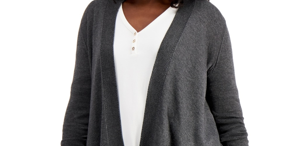 Cardigan feminino com bainha texturizada e frente em cascata, tamanho pequeno, cinza, da coleção JM