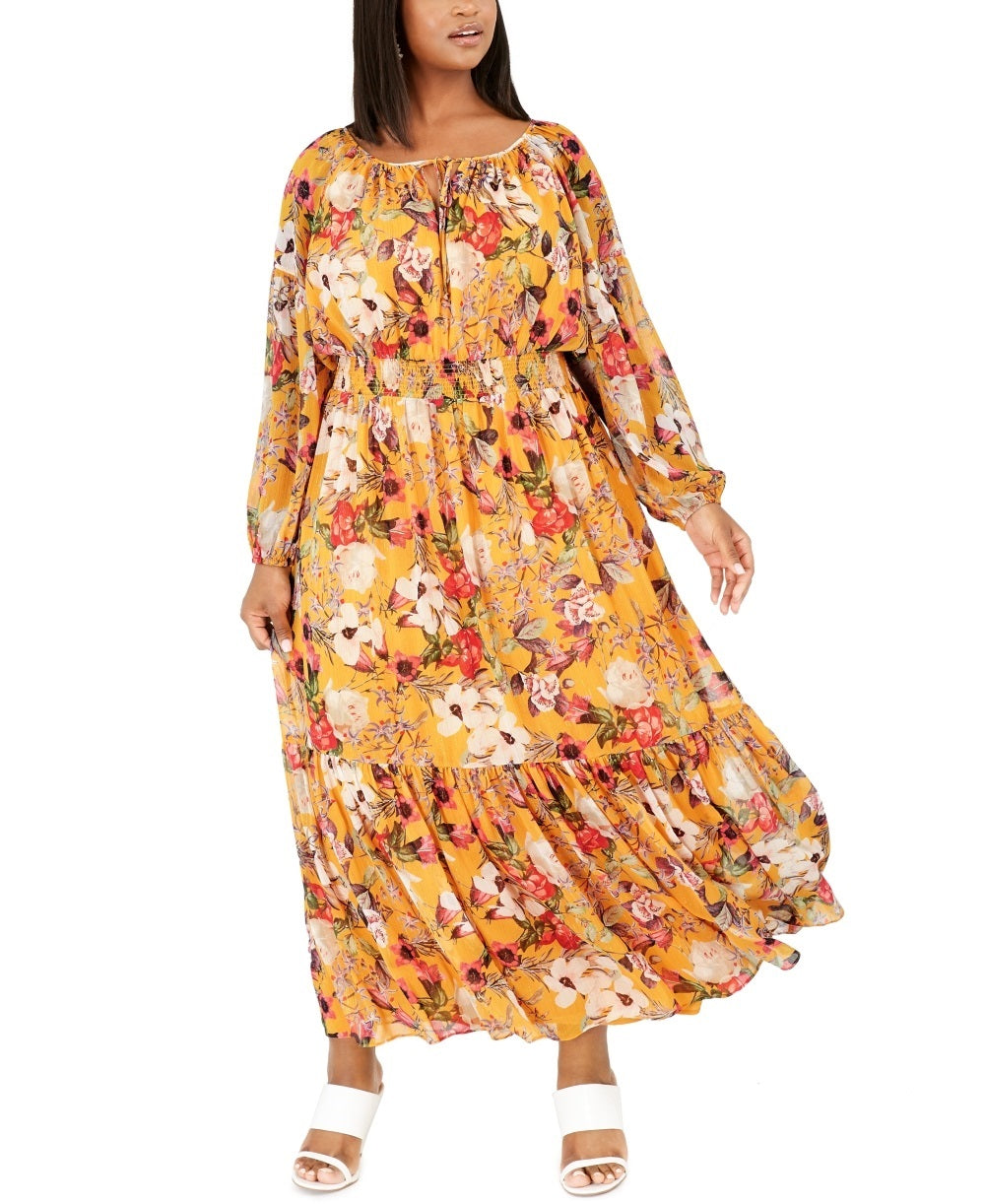 Vestido feminino estampado com babados e estilo camponês da INC International Concepts, amarelo, tamanho 1X
