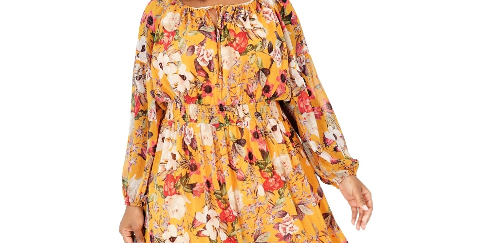 Vestido feminino estampado com babados e estilo camponês da INC International Concepts, amarelo, tamanho 1X