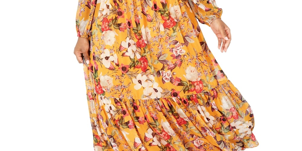 Vestido feminino estampado com babados e estilo camponês da INC International Concepts, amarelo, tamanho 1X