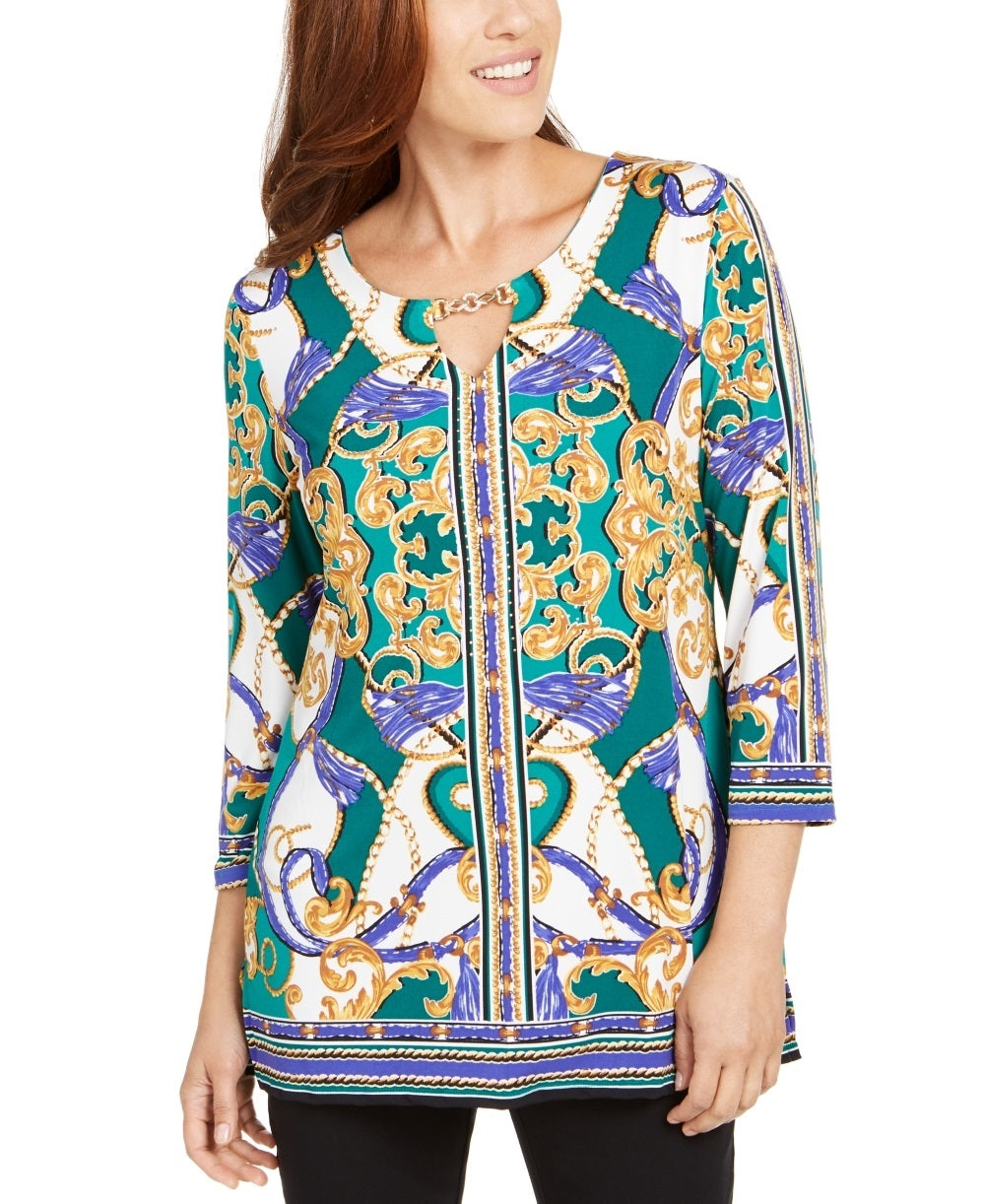 Túnica feminina com decote em V e acabamento em ferragens JM Collection, verde, tamanho médio