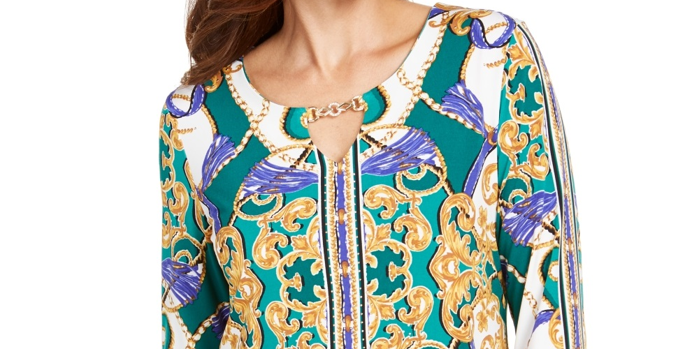 Túnica feminina com decote em V e acabamento em ferragens JM Collection, verde, tamanho médio
