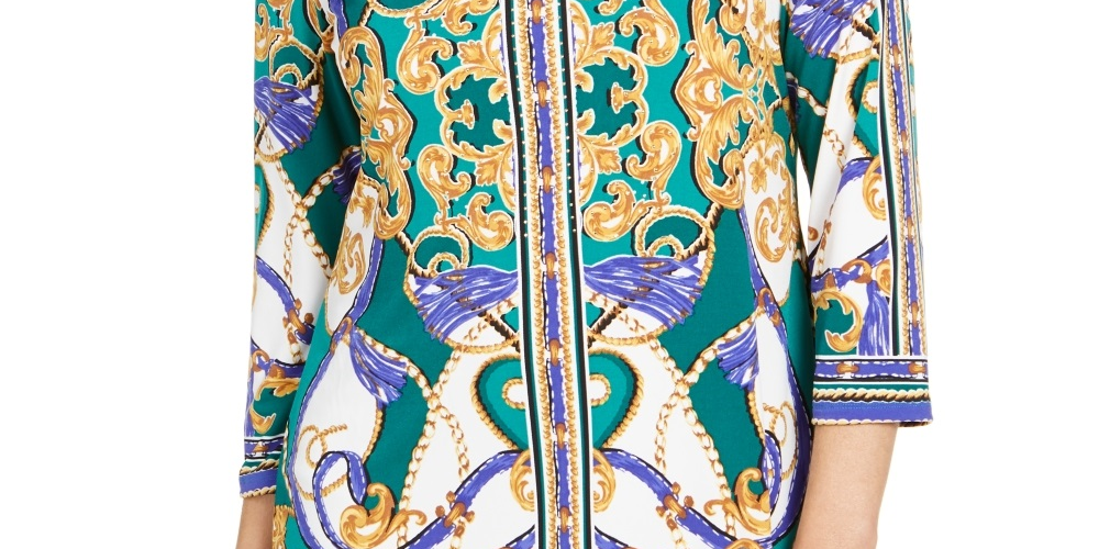 Túnica feminina com decote em V e acabamento em ferragens JM Collection, verde, tamanho médio