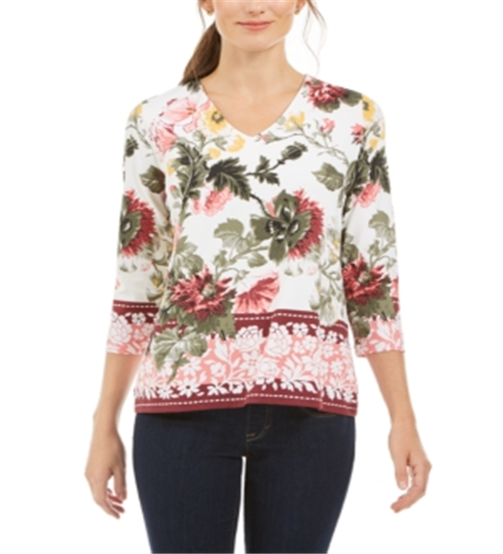 Blusa feminina com estampa floral Charter Club, branca, tamanho pequeno e pequeno