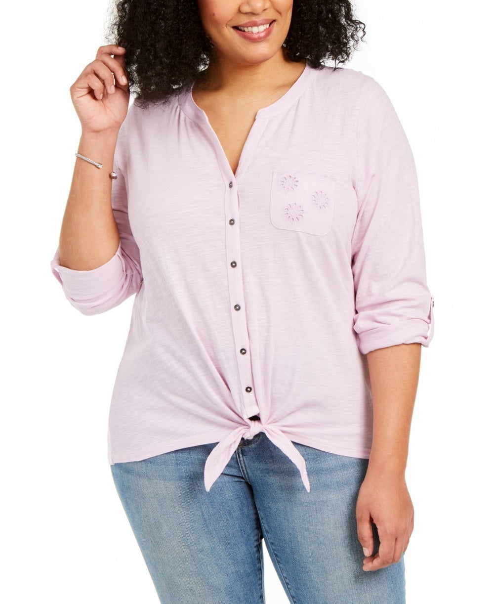 Top feminino plus size com ilhós e bolso, amarração frontal, rosa, tamanho 0X